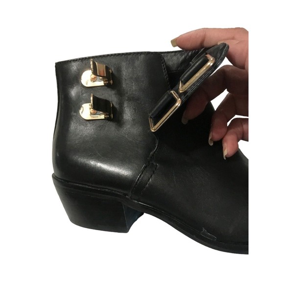 SAM EDELMAN Peter Black Leather Zip Gold Buckle Ankle  Booties Boots  6M - Picture 7 of 9